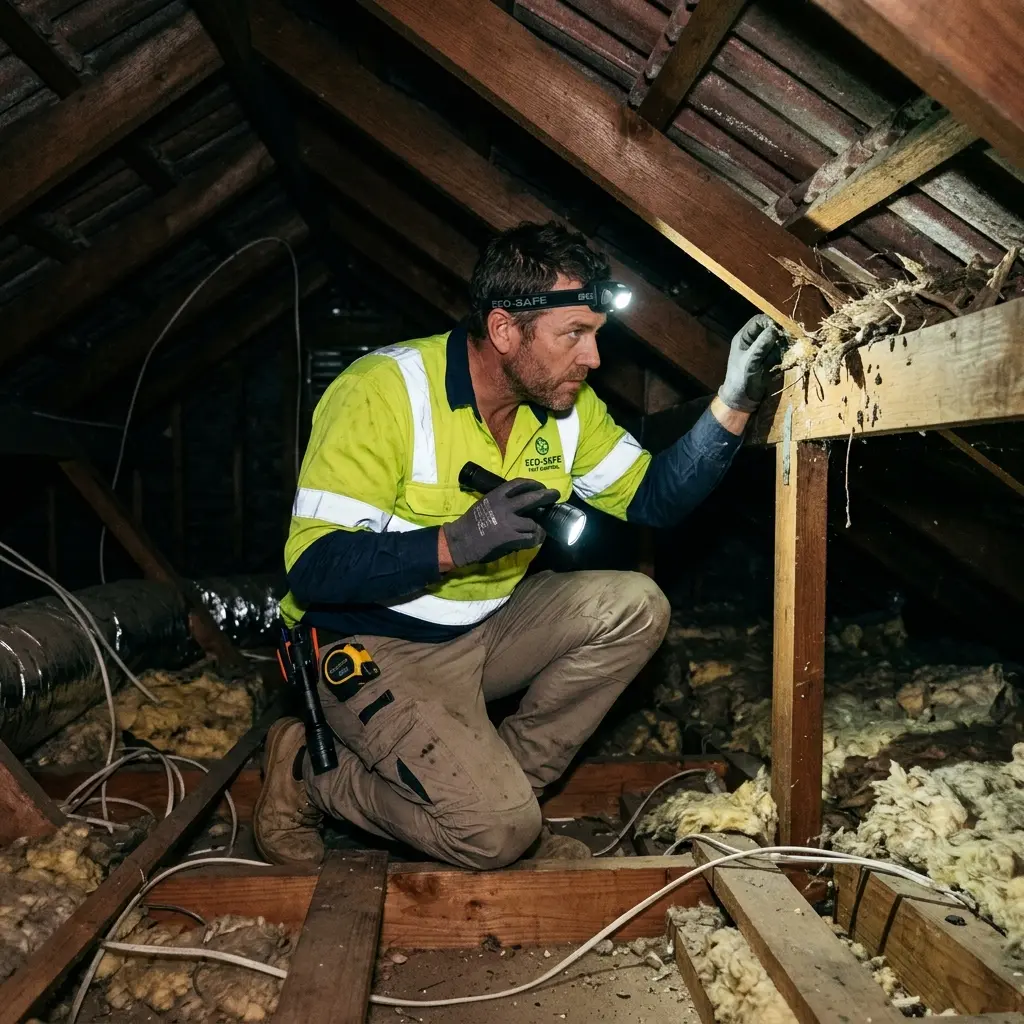 Technician inspecting a roof cavity for a dead animal in Pines Forest