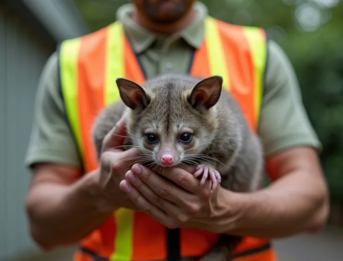 Animal handler safely recovering a deceased possum in Pines Forest