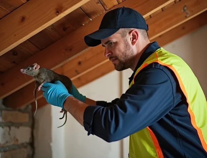 Technician inspecting a roof cavity for a dead rat in Pines Forest